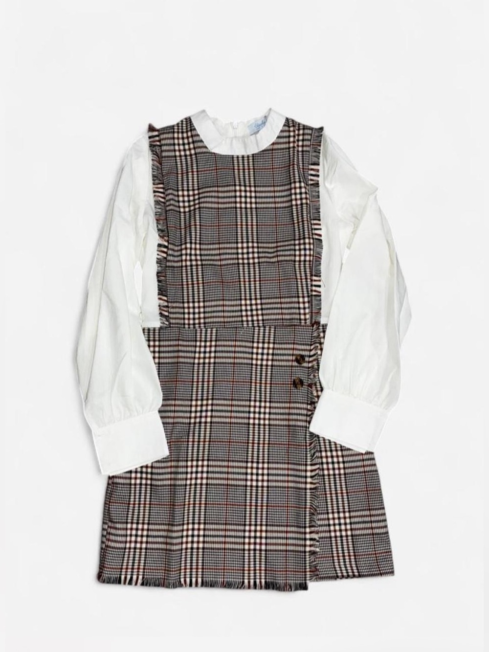 Bleu Bird Grey Plaid Pinafore Dress with White Blouse